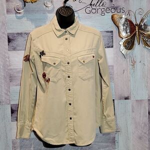 Free People XS Harley Tan Corduroy Embroidered Button Down Blouse